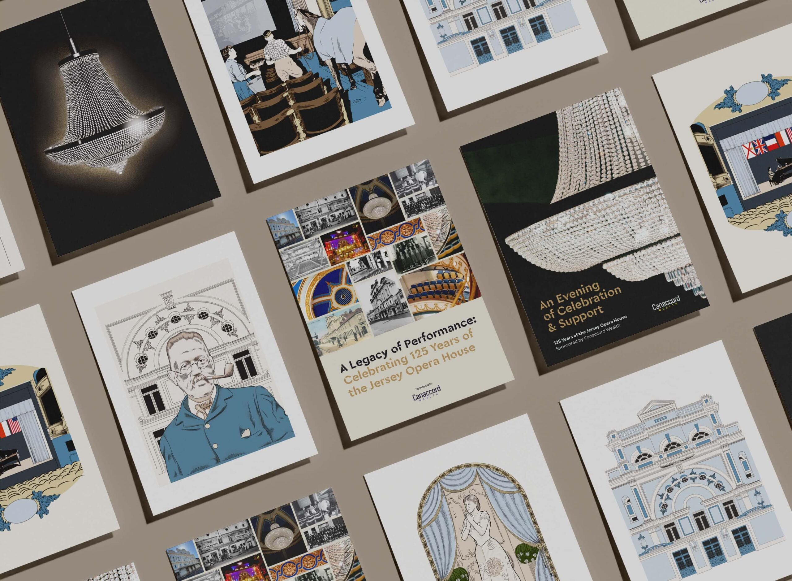 A mock-up showcasing multiple poster designs for the Jersey Opera House.