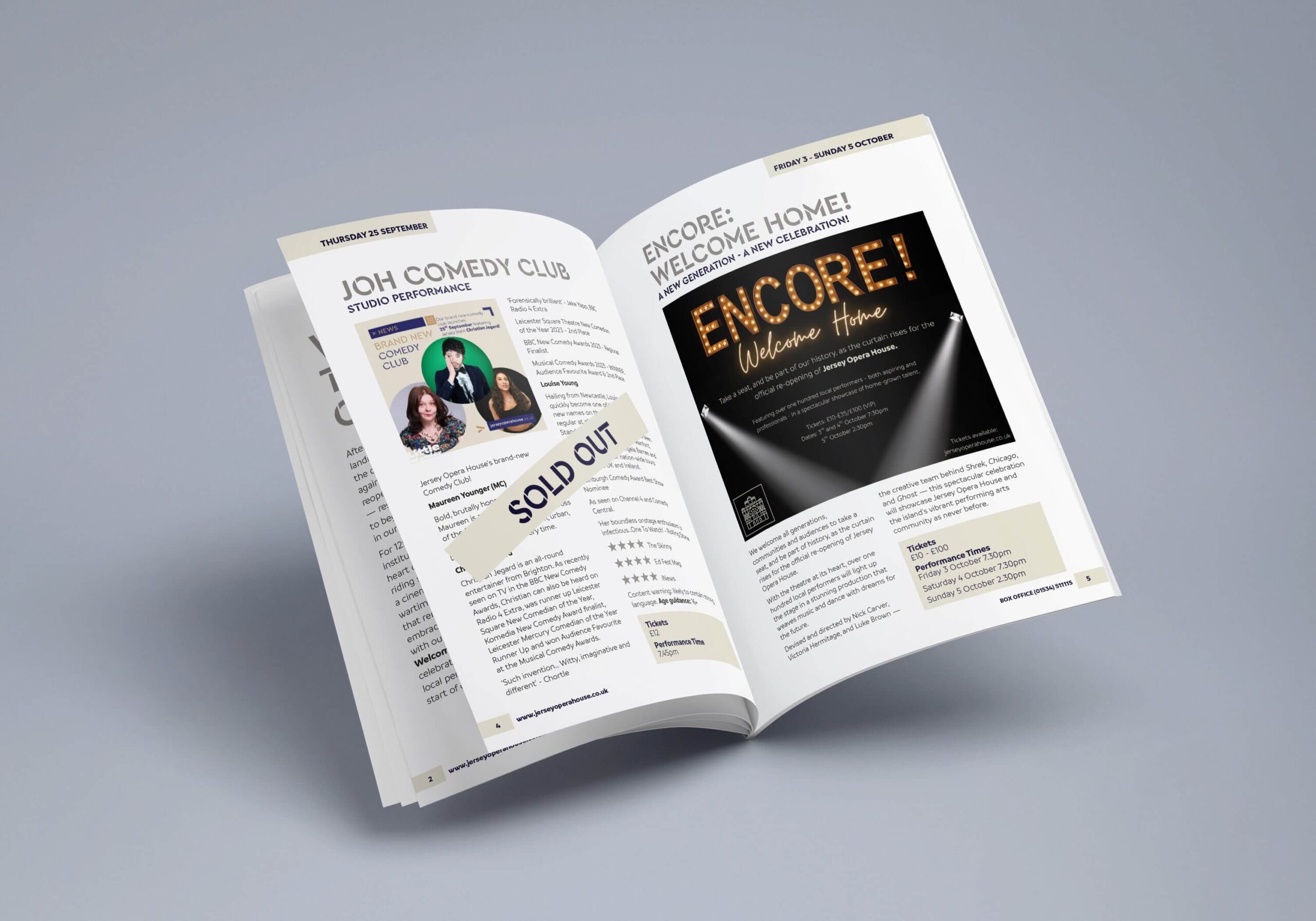 A mock-up of a spread from the brochure showing the show 'Encore: Welcome Home' page.