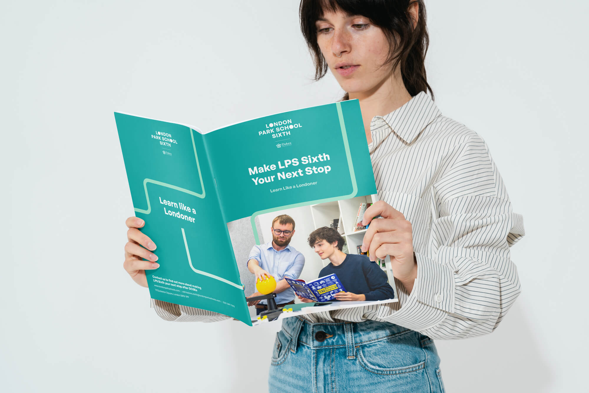 A mock-up of a woman reading the London Park School 'Make LPS Sixth Your Next Stop' prospectus