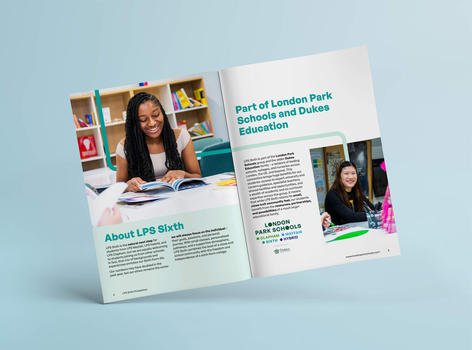 A mock-up of a spread for the London Park School prospectus showing the design journey.