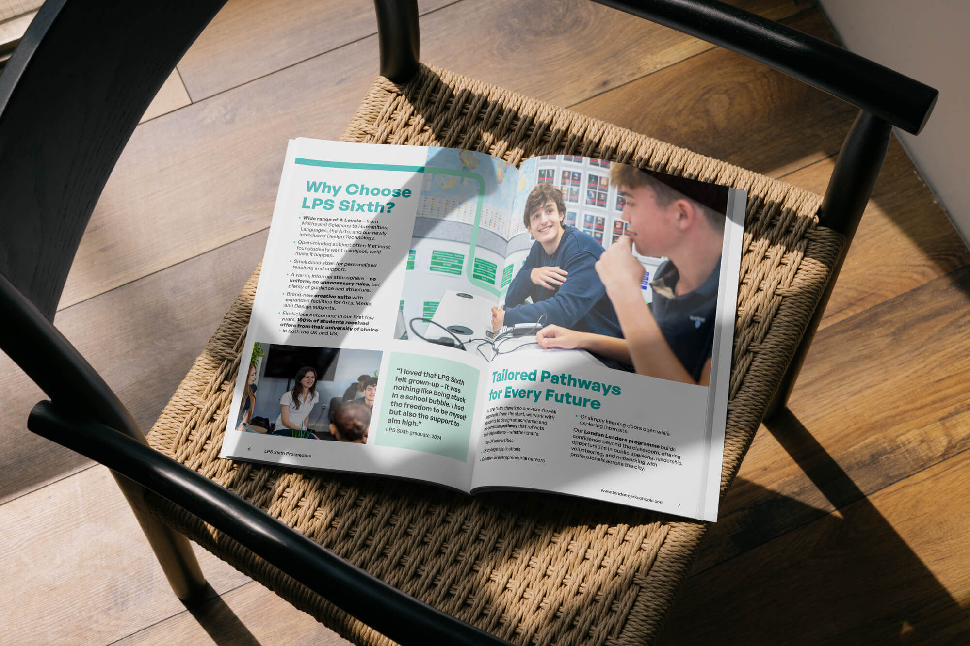 A mock-up of the London Park School Sixth inside spread sat on top of a chair.