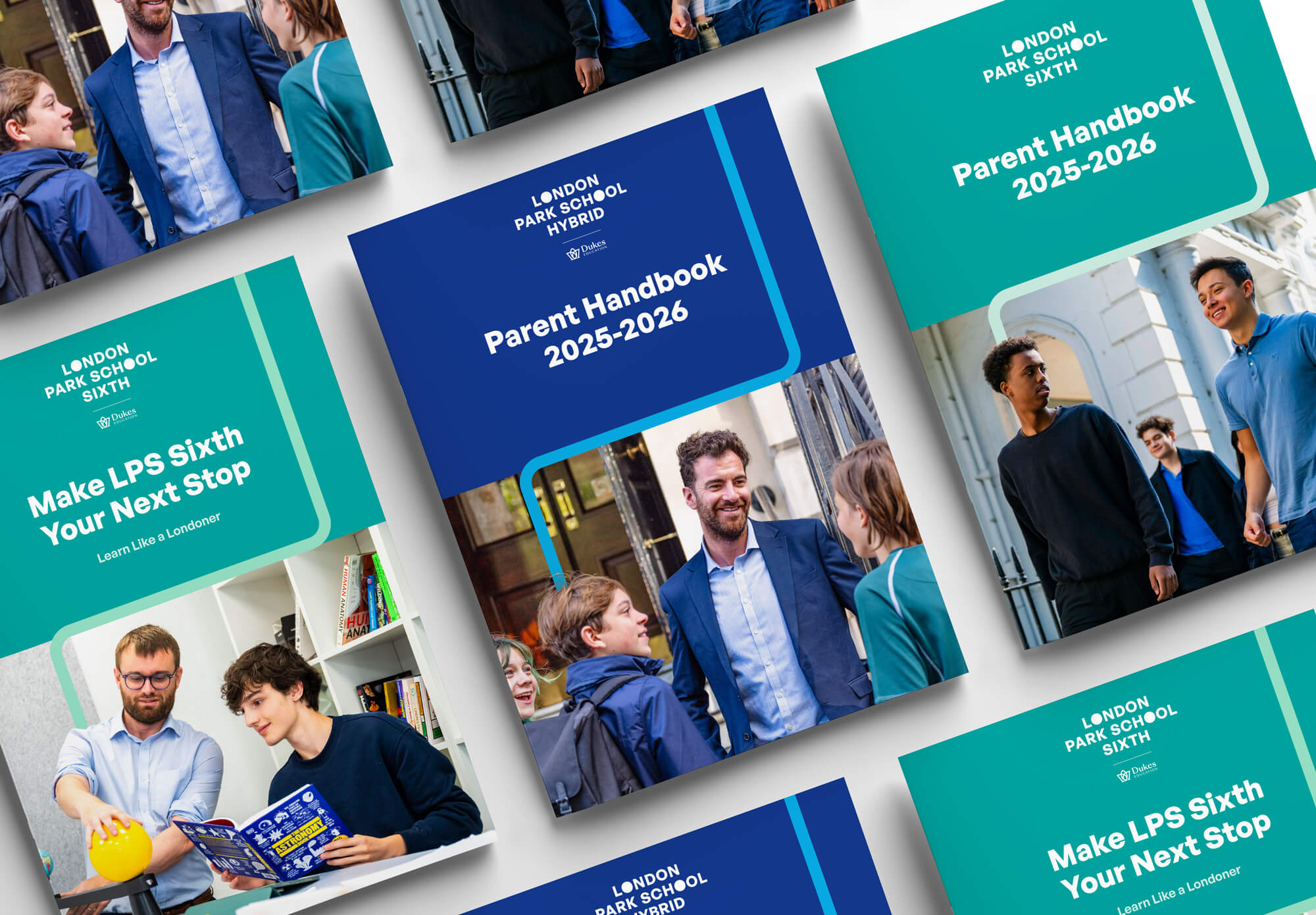 A mock-up showing the different front covers of the London Park School Parent Handbook for each school.