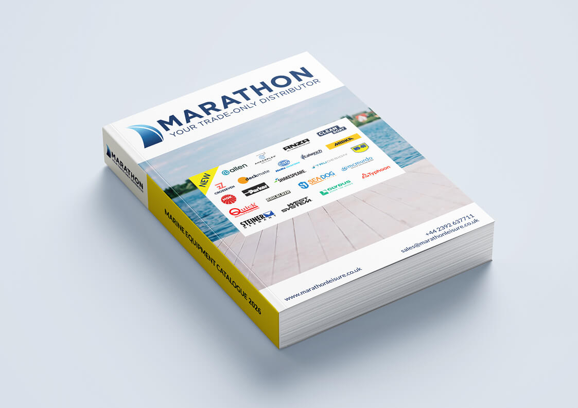 A mock-up showing the front cover of the Marathon catalogue.