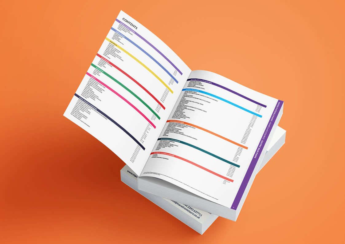 A mock-up showing the contents page of the Marathon Leisure catalogue.