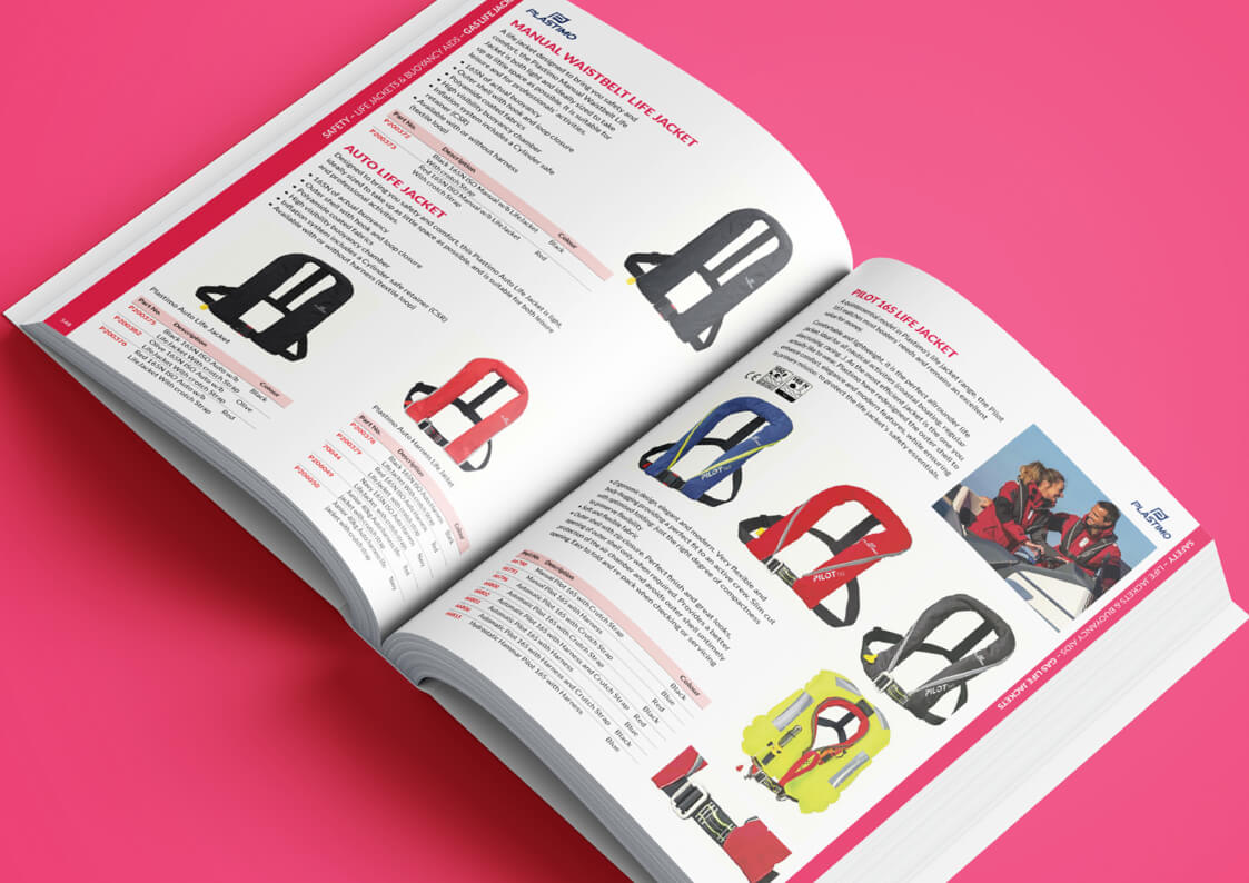 A mock-up showing a spread of the clear structure and consistent layouts of the Marathon Leisure catalogue.