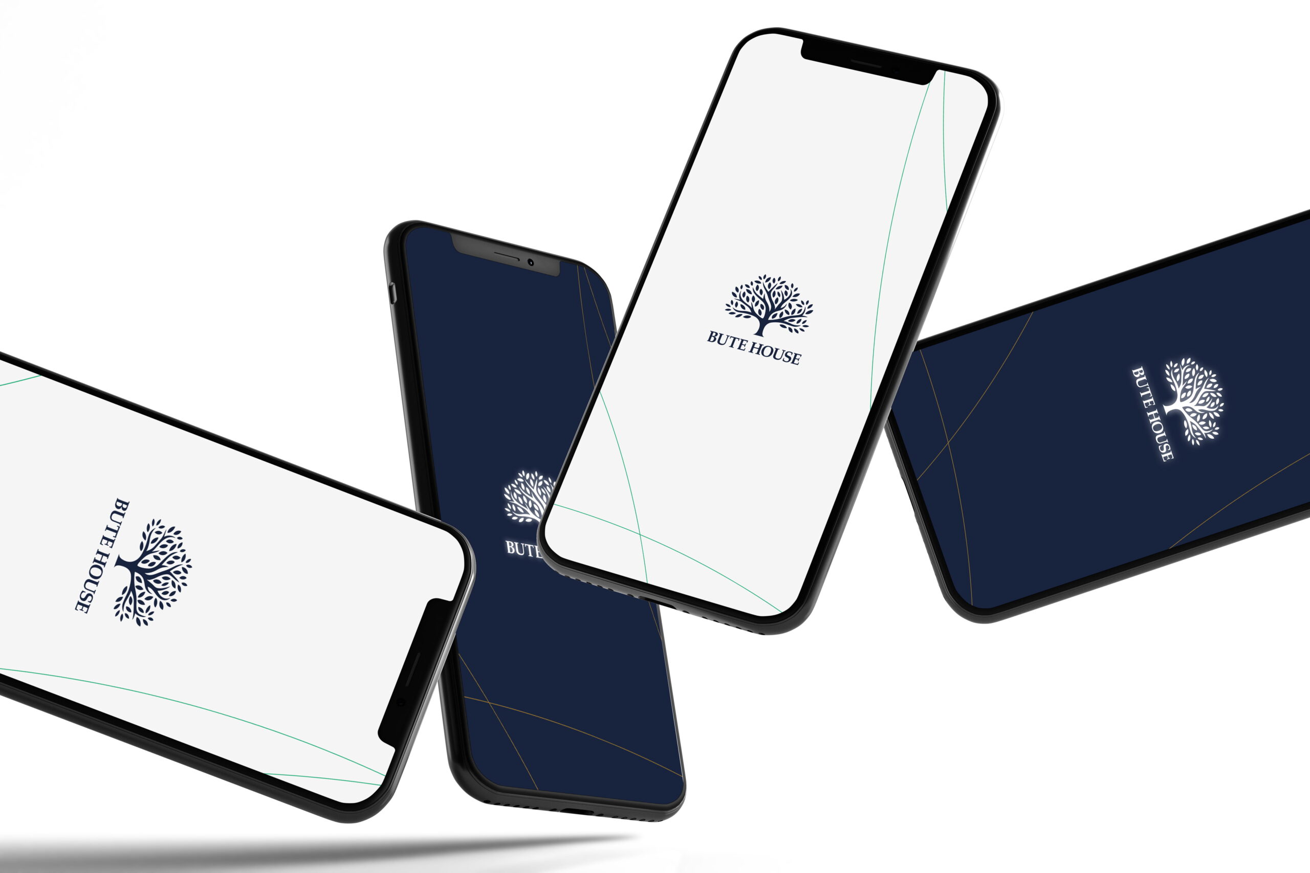 A mock-up of the Bute House logo and branding on multiple mobile phone screens.
