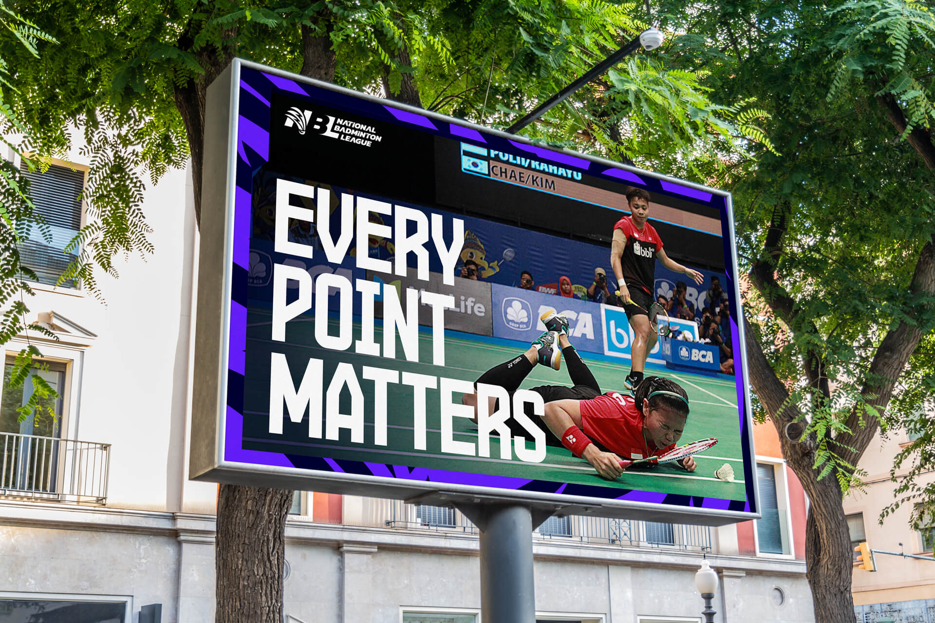 A mock-up of a billboard for the National Badminton League that says 'EVERY POINT MATTERS' on the left in bold text with the image to the right showing a player losing a point