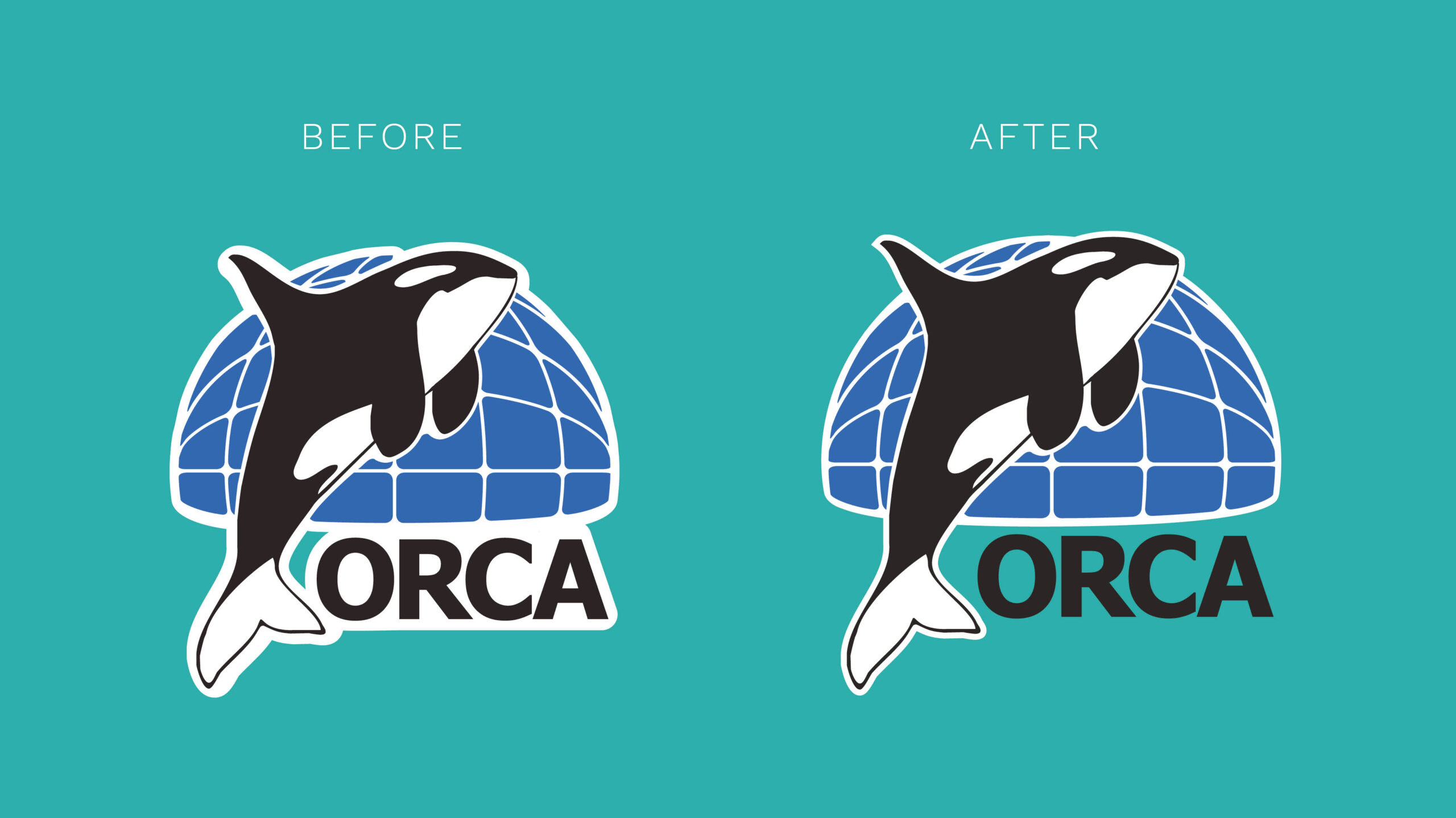 A mock-up showing the before and after of the Orca logo and the removal of the white around the Orca text after.