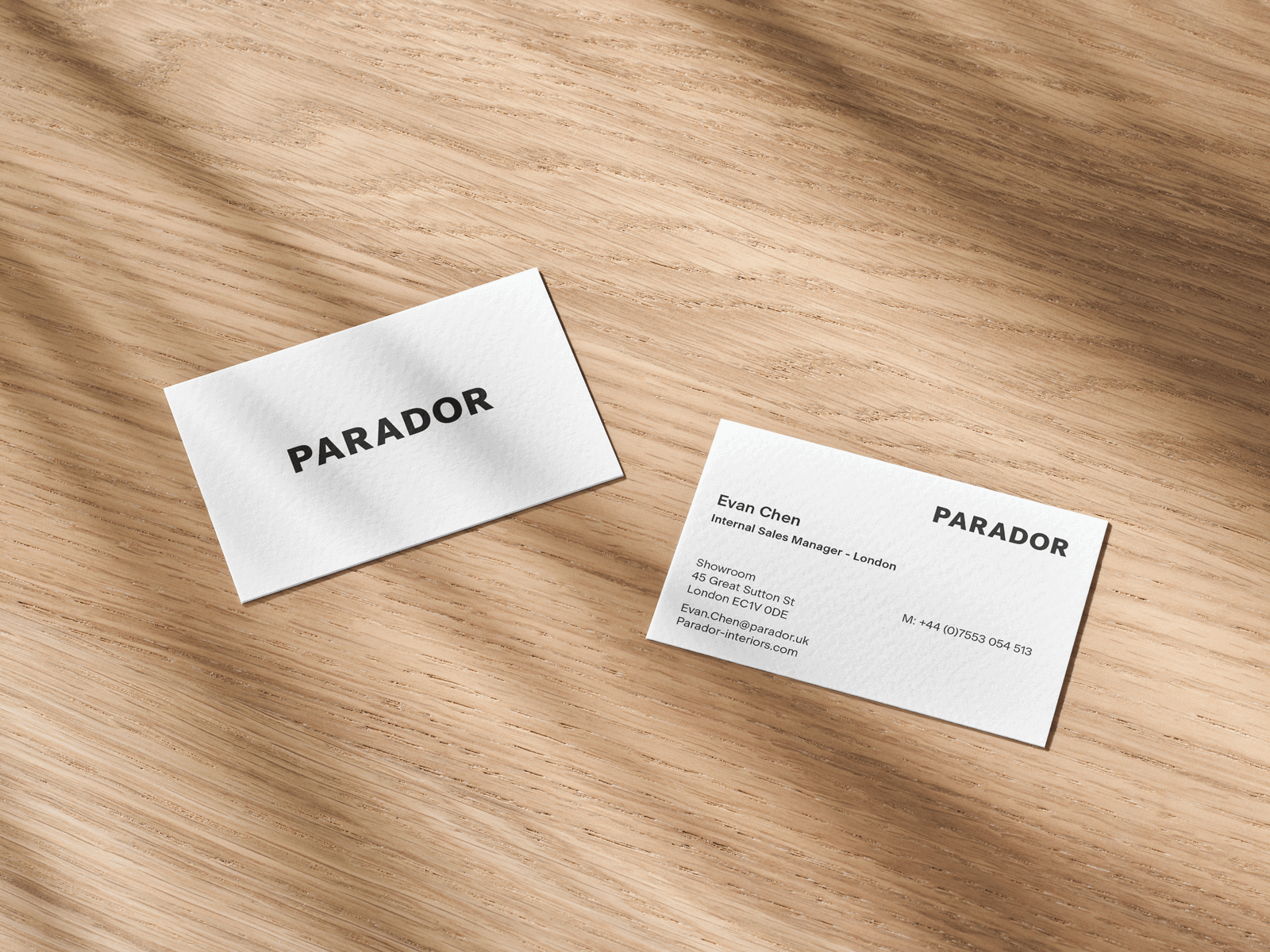 A mock-up showing Parador business card design