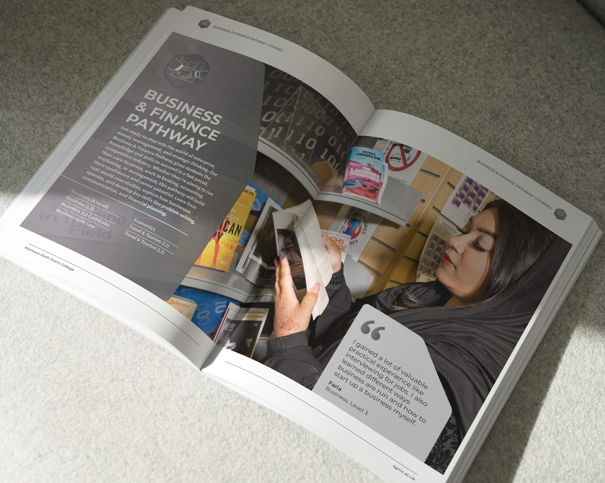 A mock-up showing a spread from the Sir George Monoux College 2026/27 prospectus.