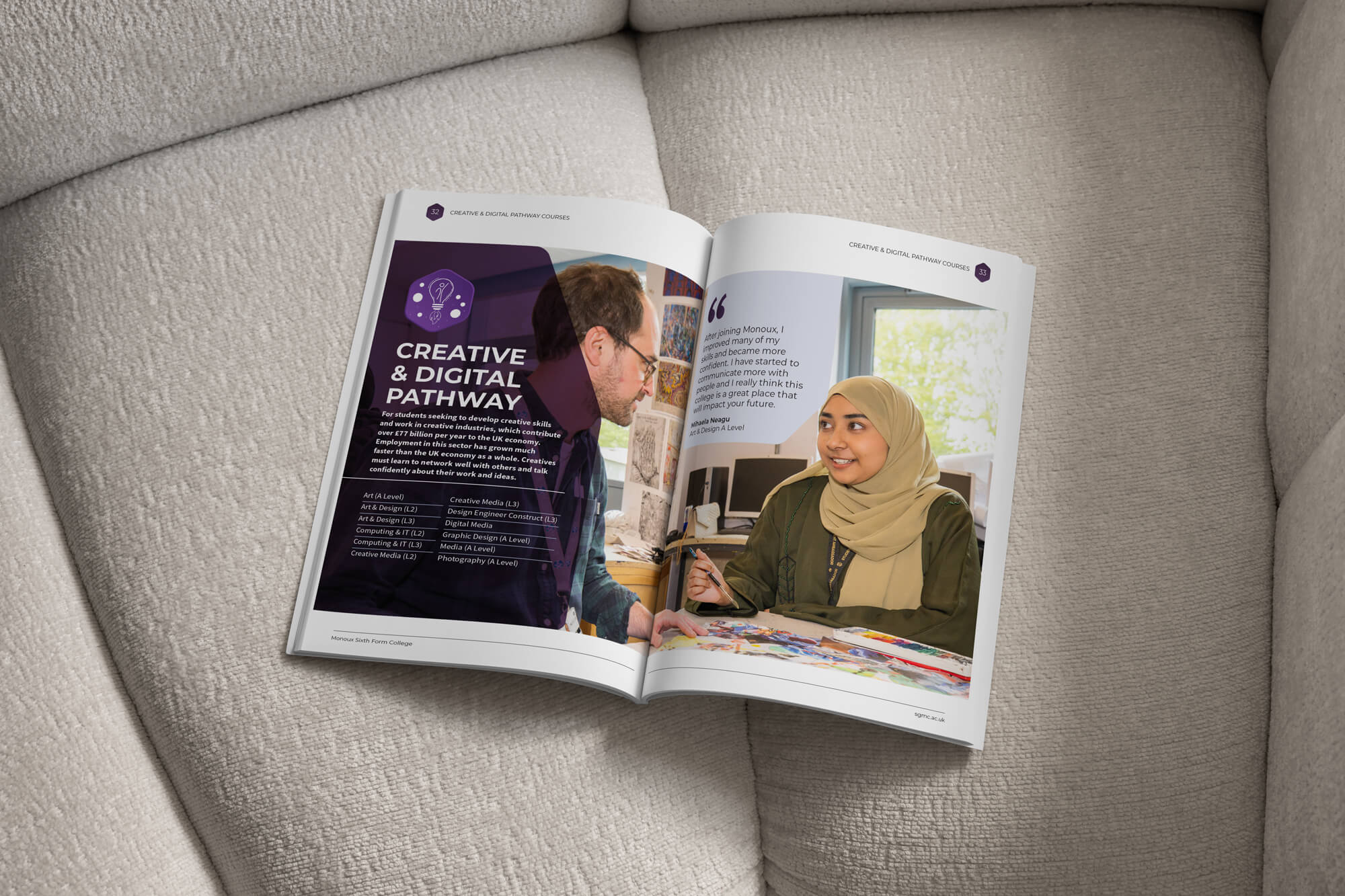 A mock-up showing a spread from the Sir George Monoux College 2026/27 prospectus.