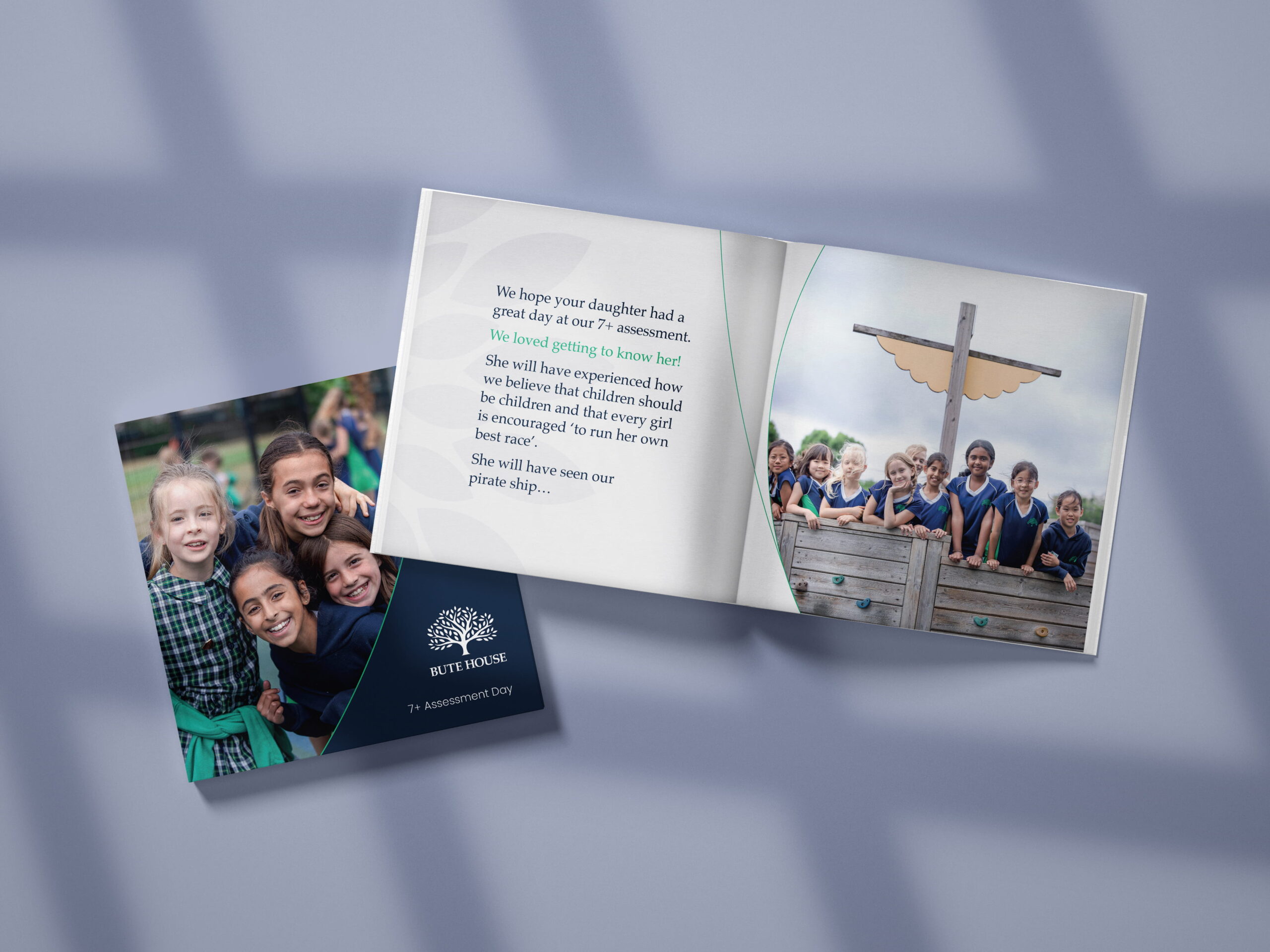 A mock-up showing the front page and spread of the Bute House square print for their 7+ assessment day.