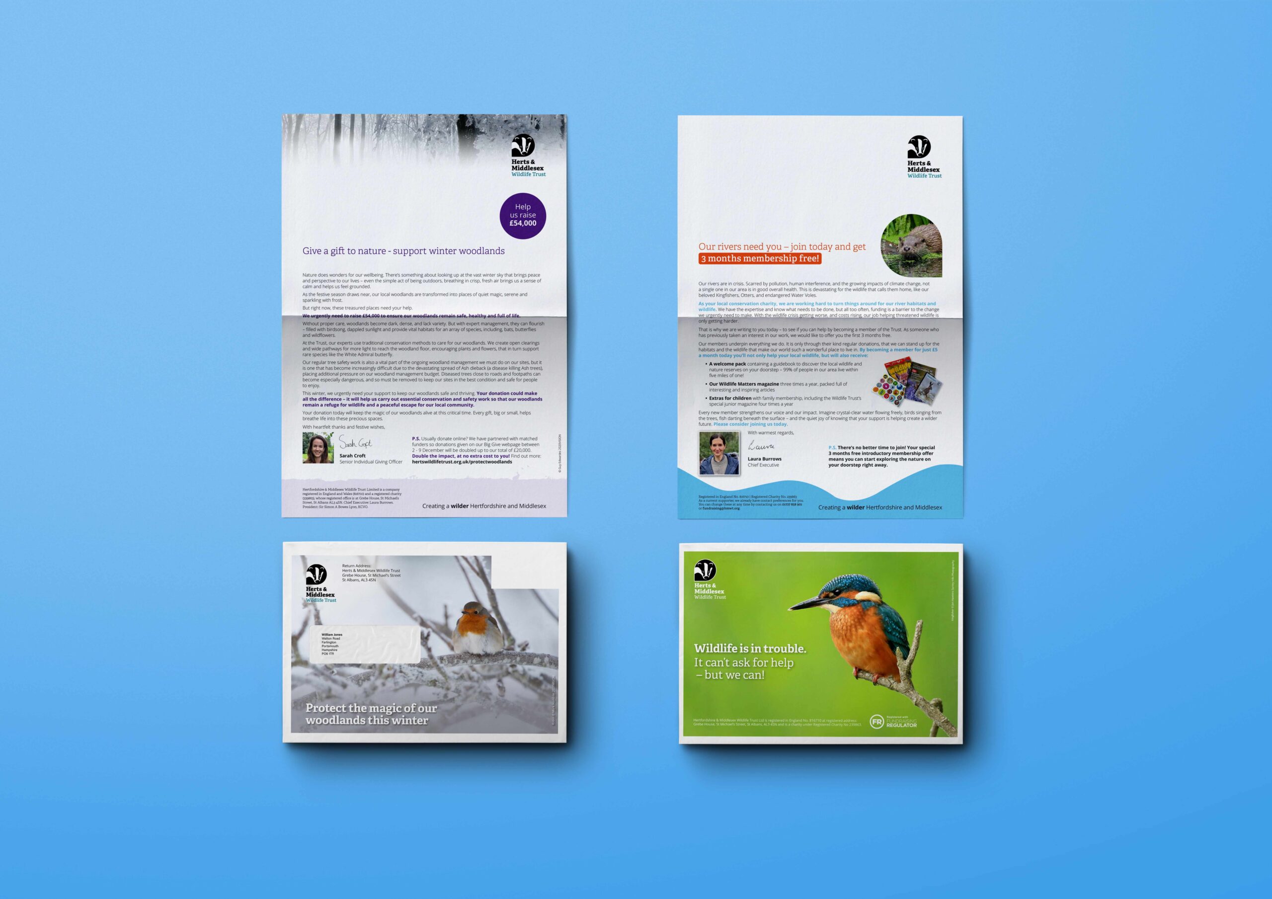 A mock-up showing two mailings, the full colour envelope and the lead letter.