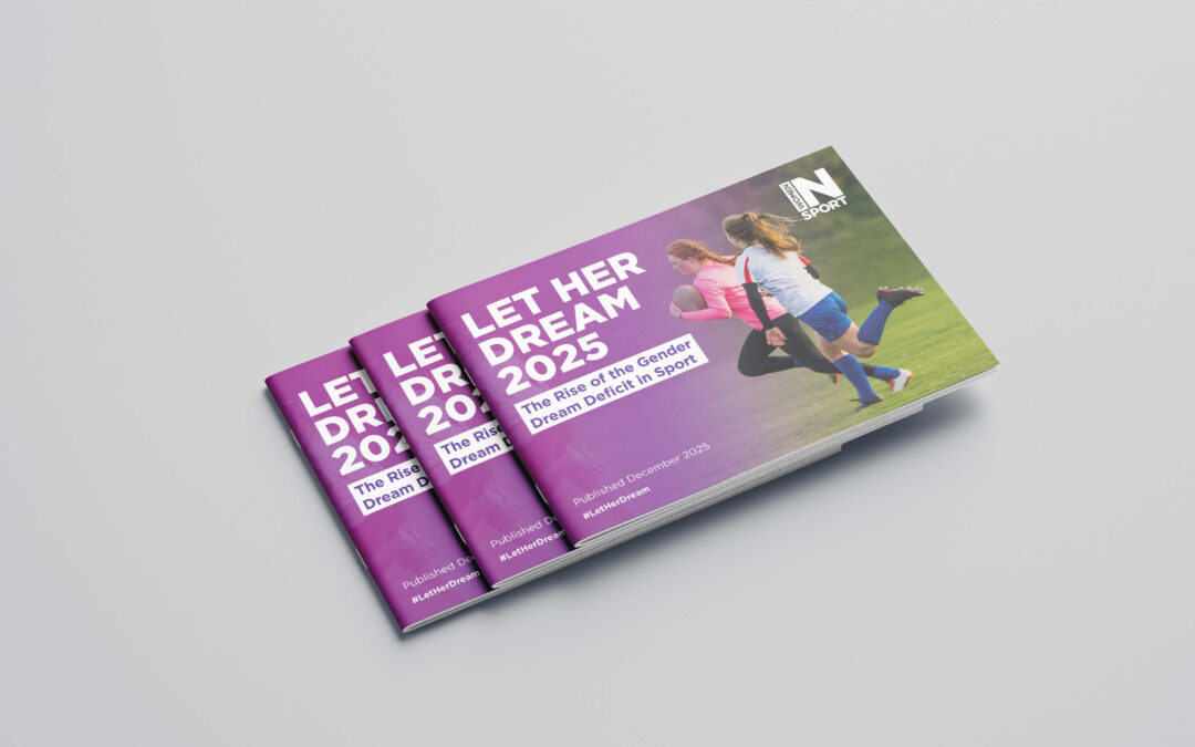 Mock up showing the front cover of the Women in Sport front cover stacked on top of one another.