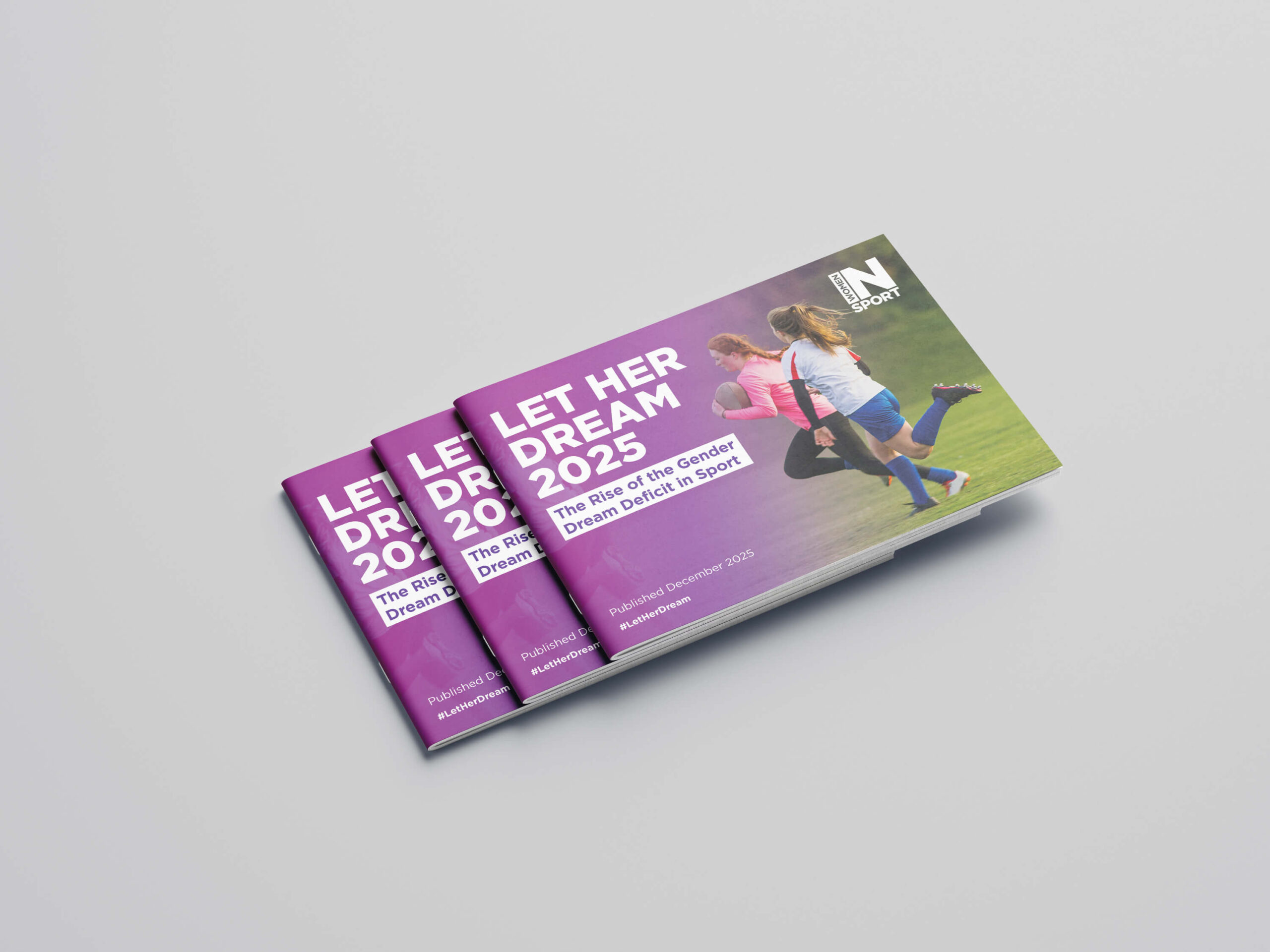 Mock up showing the front cover of the Women in Sport front cover stacked on top of one another.