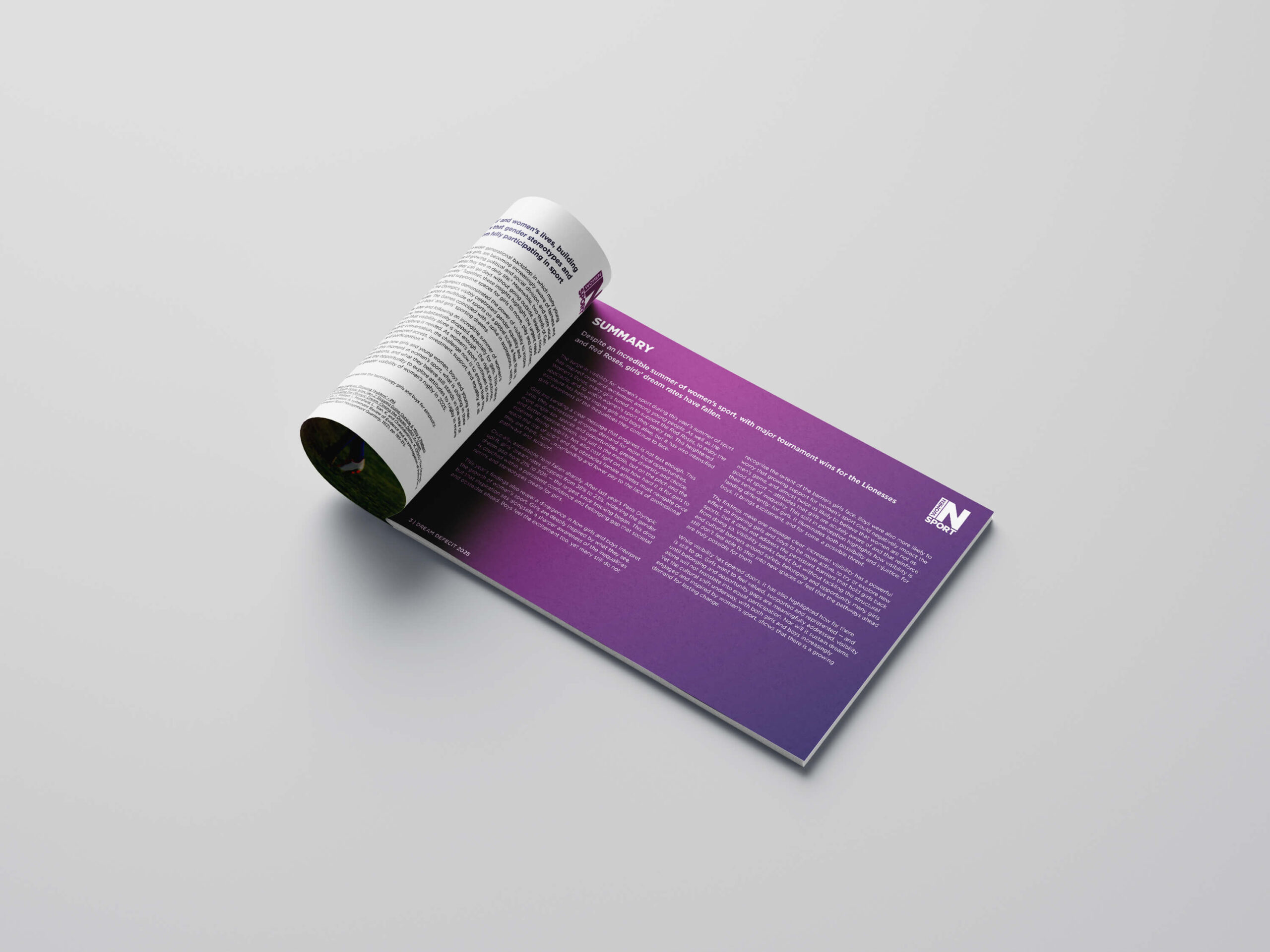 Mock up showing the summary page of the Women in Sport report with the cover rolled up.