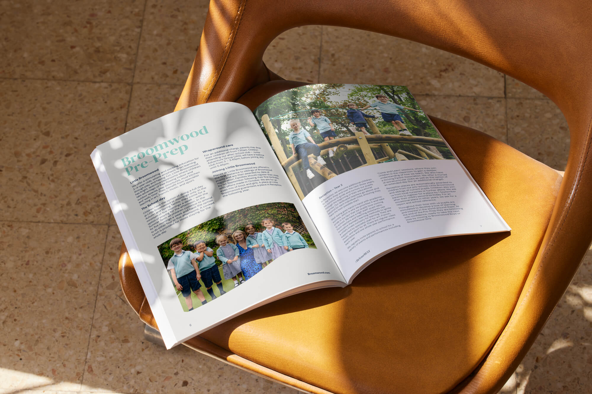 A mock-up of the 'Broomwood Pre-Prep' spread from the Broomwood prospectus.