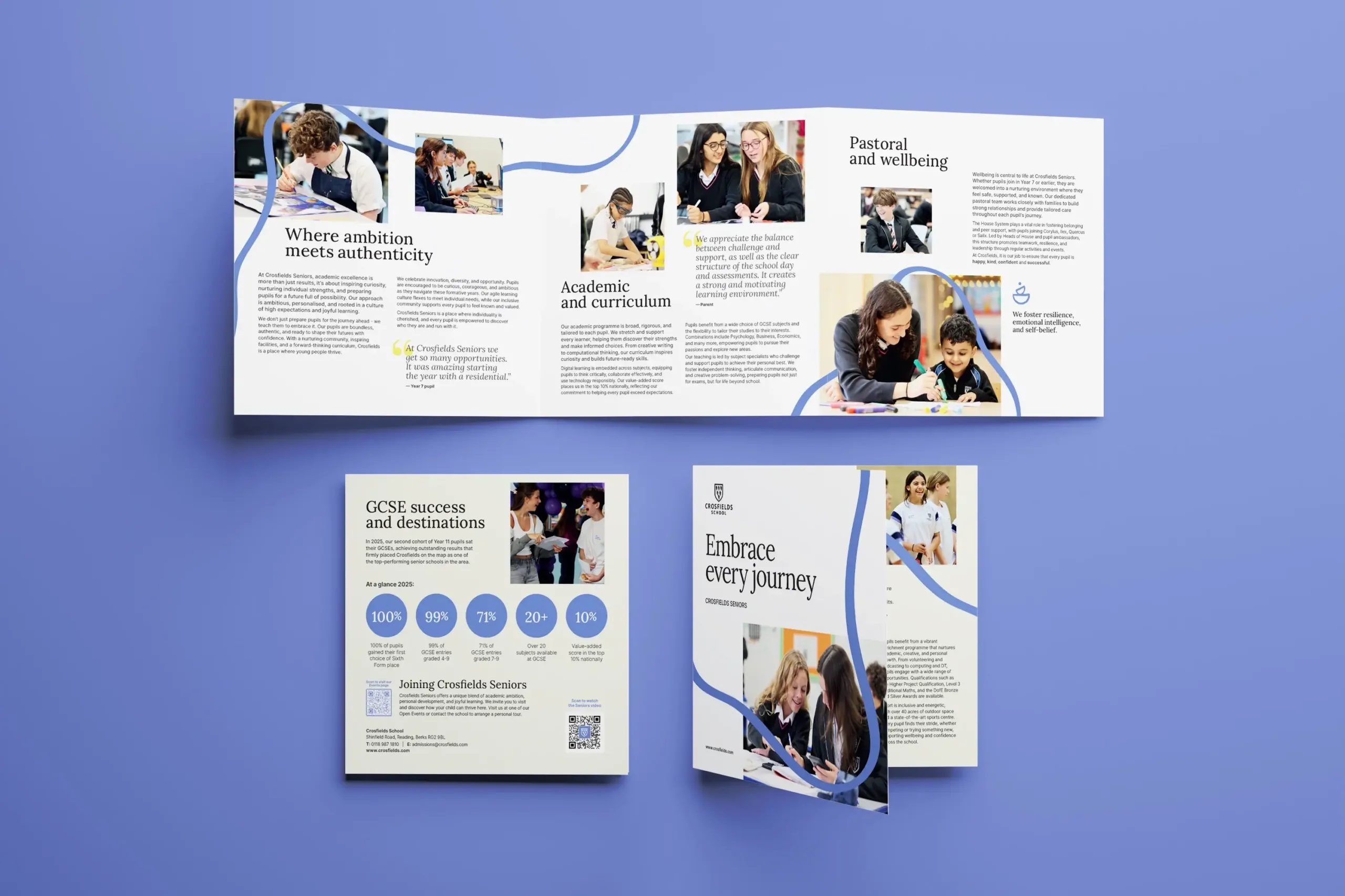 A mock-up showing the Crosfield School leaflet cover, back and rolled out.