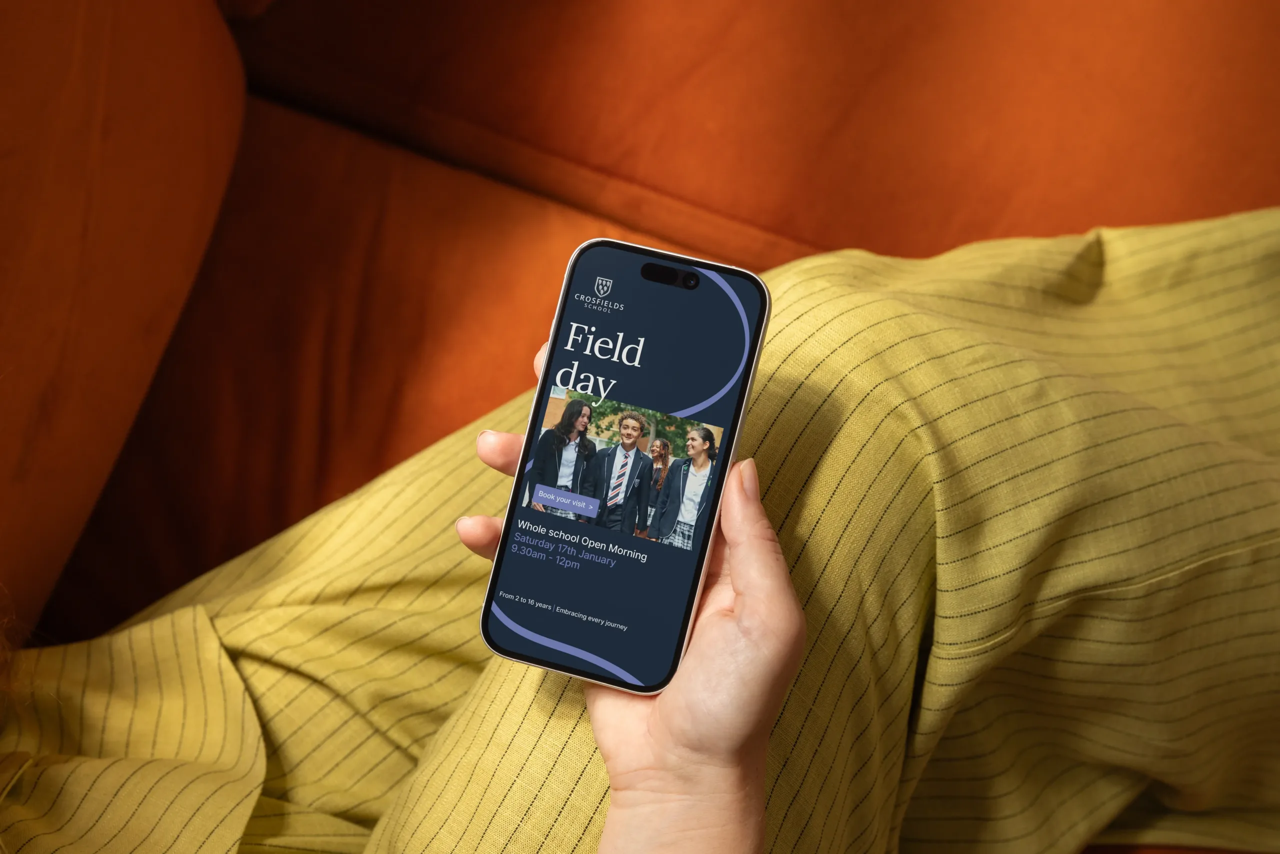 A mock-up showing the Crosfields School open morning graphic on a smartphone.