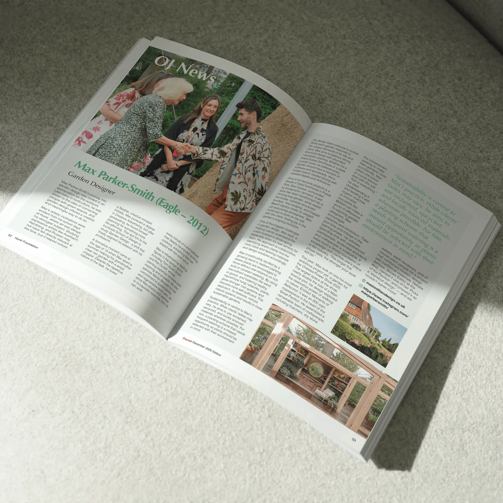 A mock-up of a spread from the Hurst Floreat magazine.
