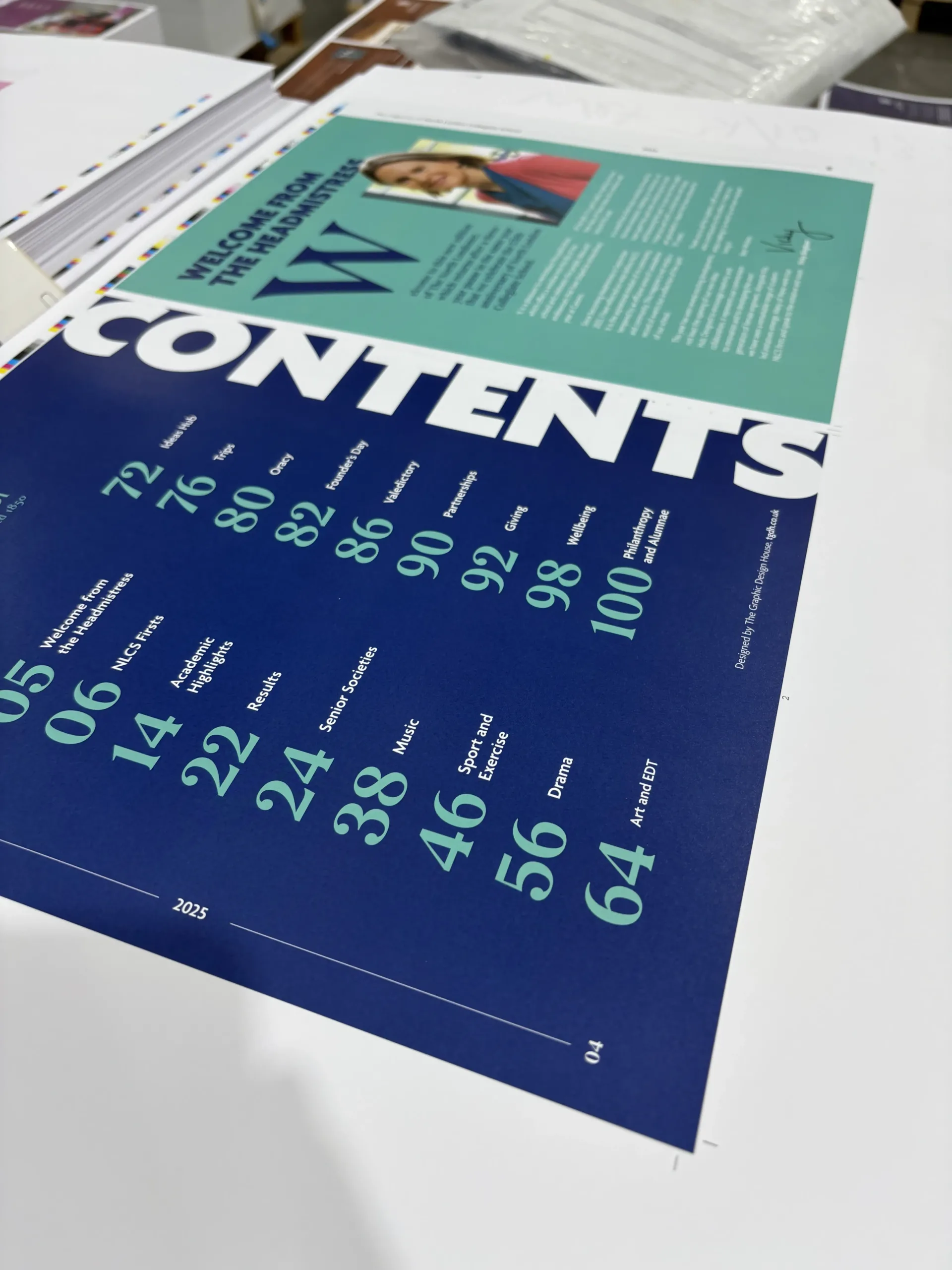 A photo of the printed contents spread for the North Londoner magazine in the Bishops Printers factory.