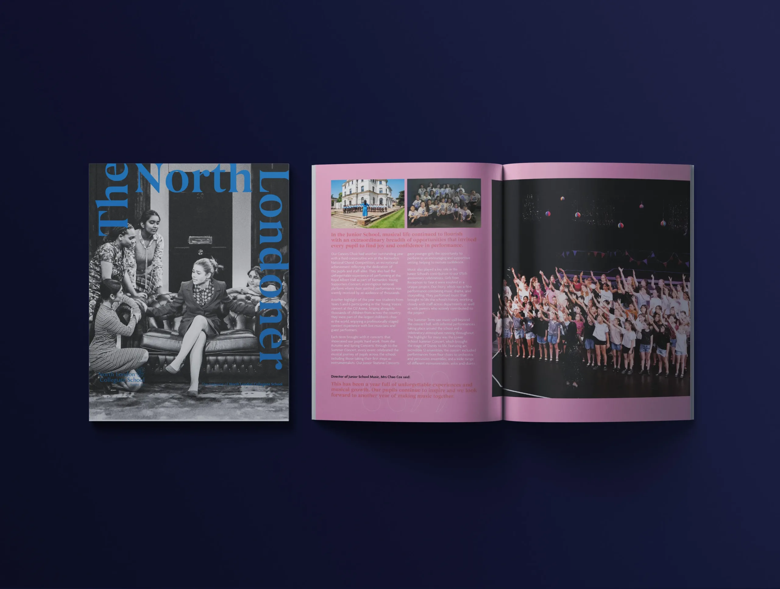 A mock-up of the North Londoner cover and internal spread on a dark blue background.