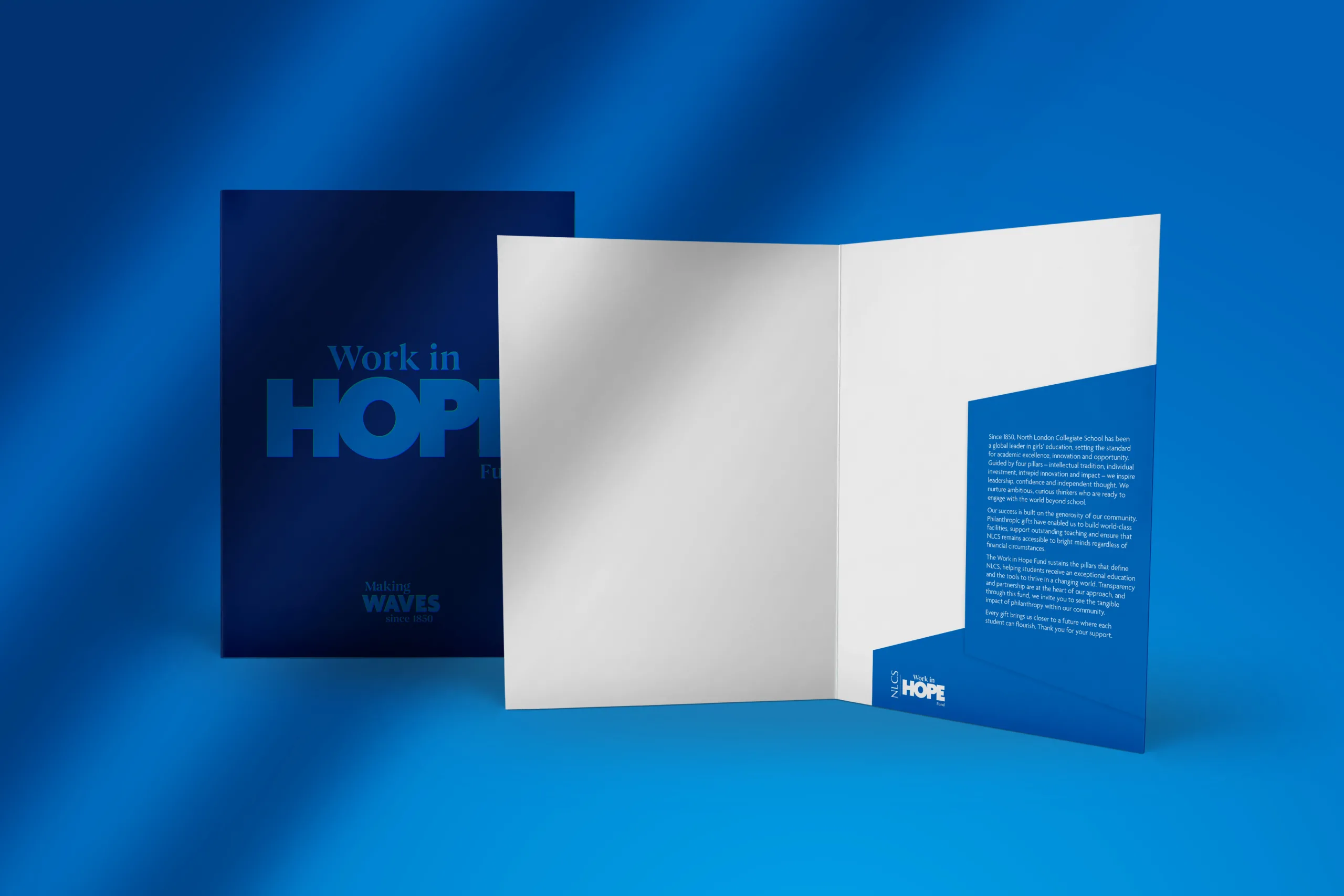 Mock-up showing the cover and inside of the NLCS fundraising pack.