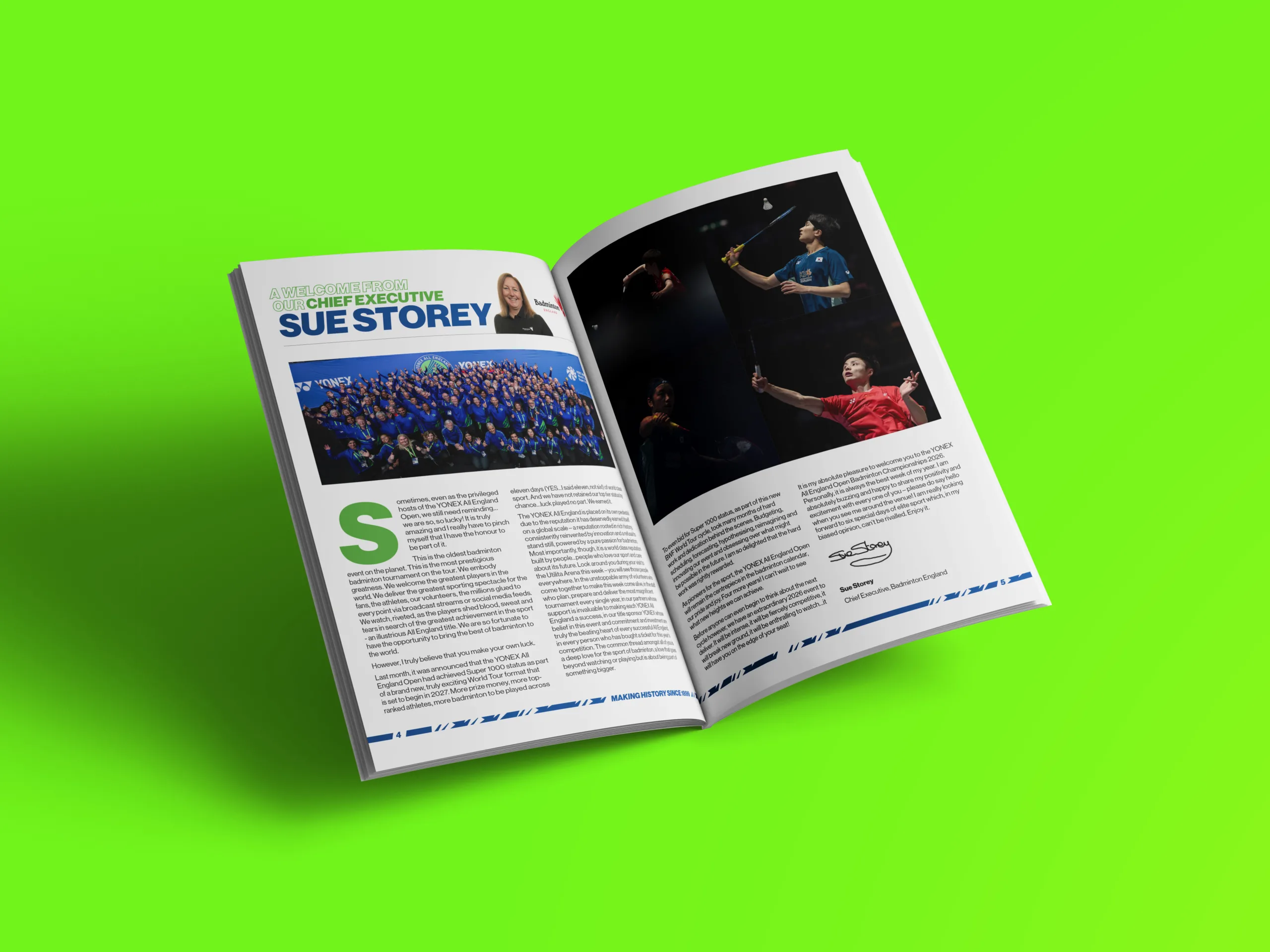 A mock-up of an internal spread of the Yonex All England Open Programme on a bright green background.