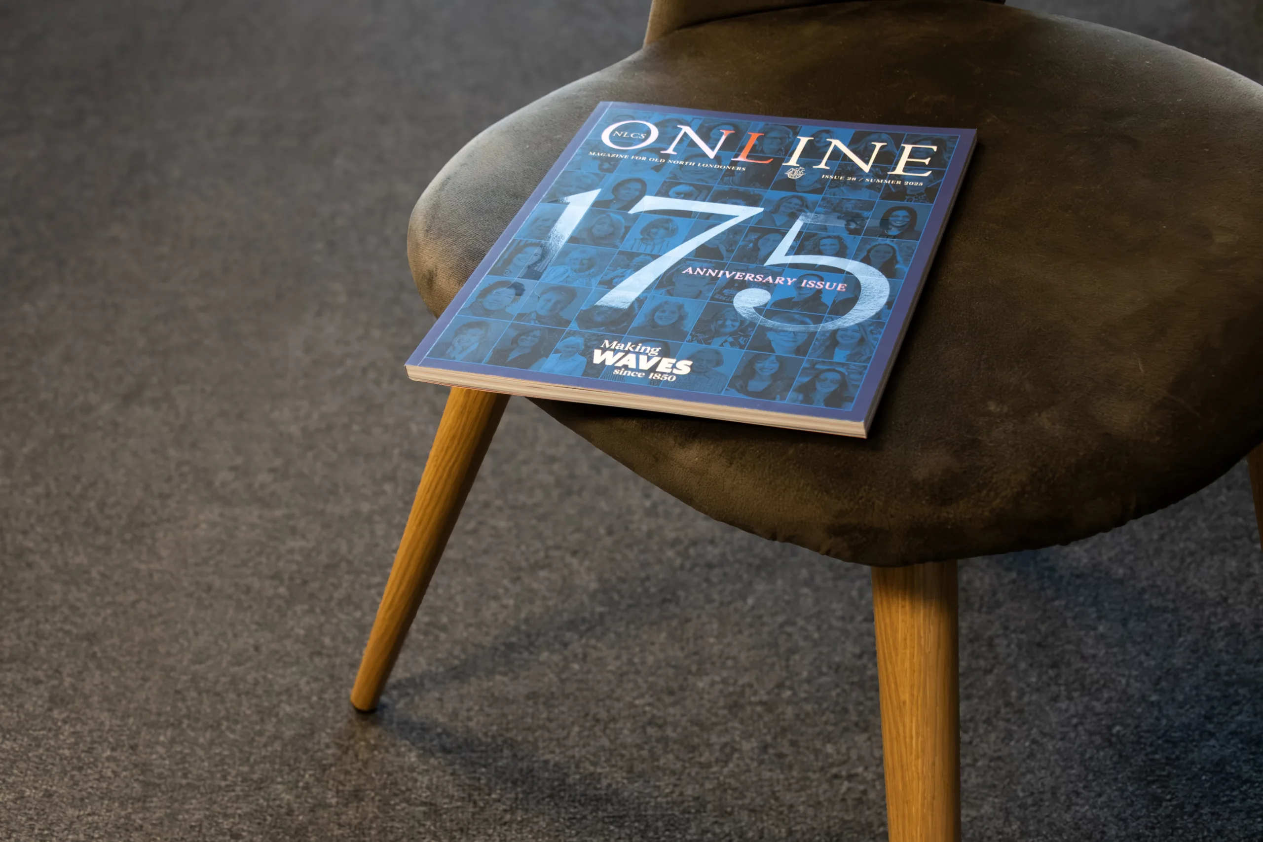 A photo of the NLCS online magazine on a chair, showing the 175 finish.