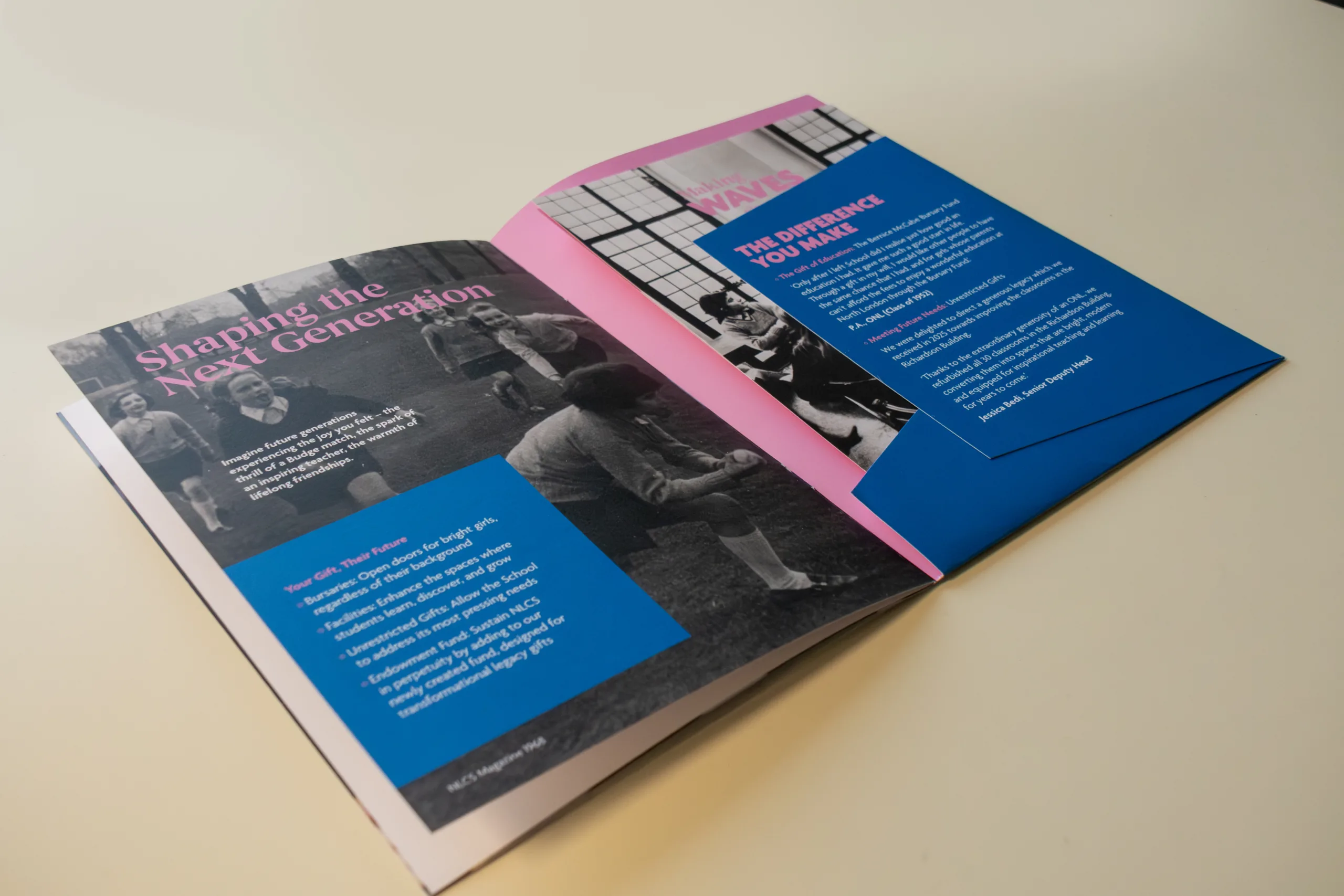 A mock-up showing the inside spread of the NLCS fundraising gift booklet.