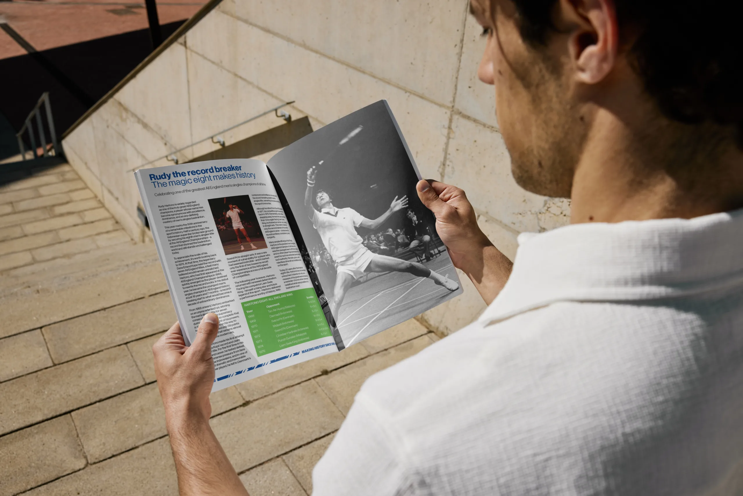 A mock-up showing a man reading the Badminton England All Open championship programme.