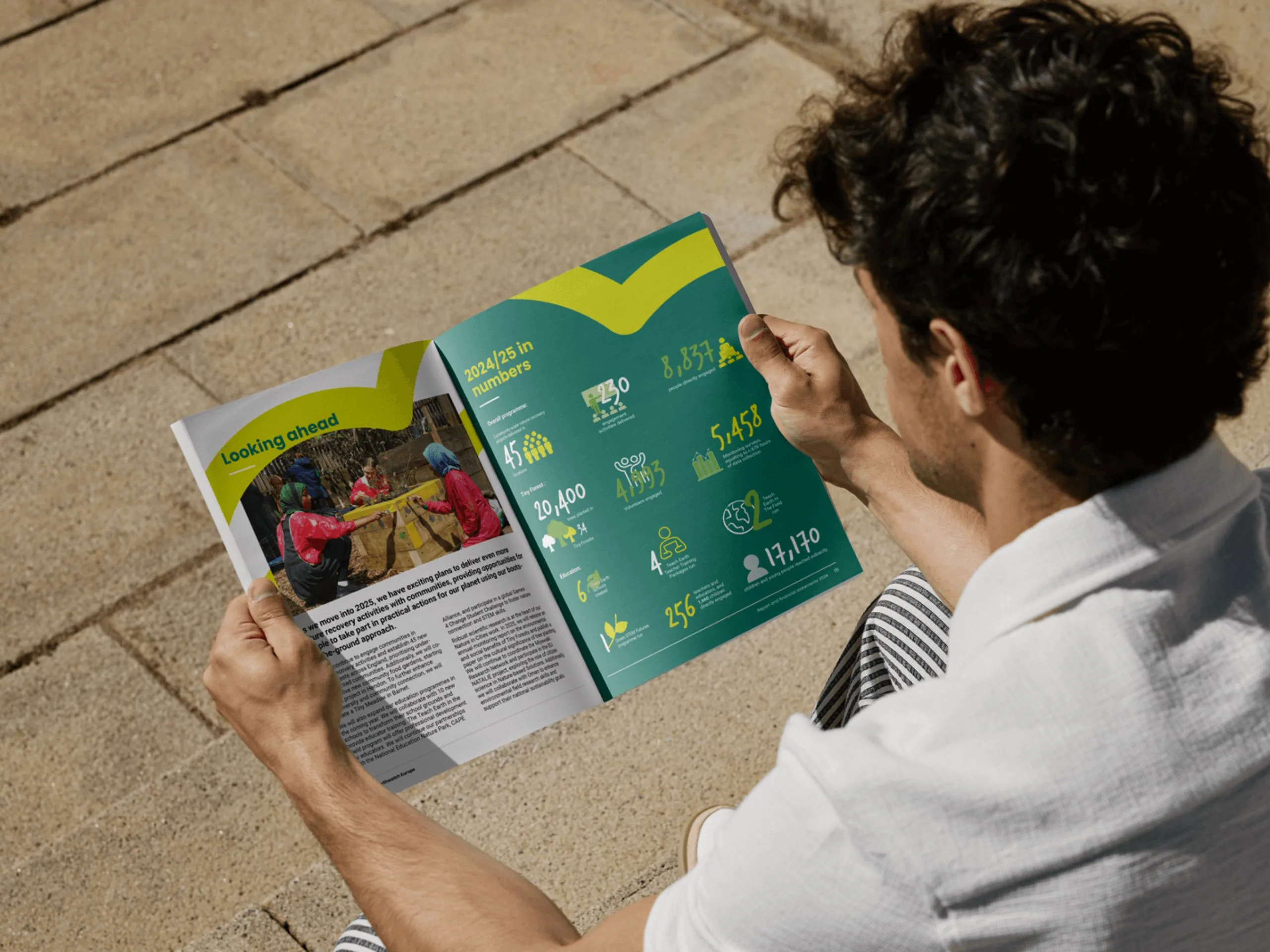 A mock-up of a man sat reading the Earthwatch annual report.