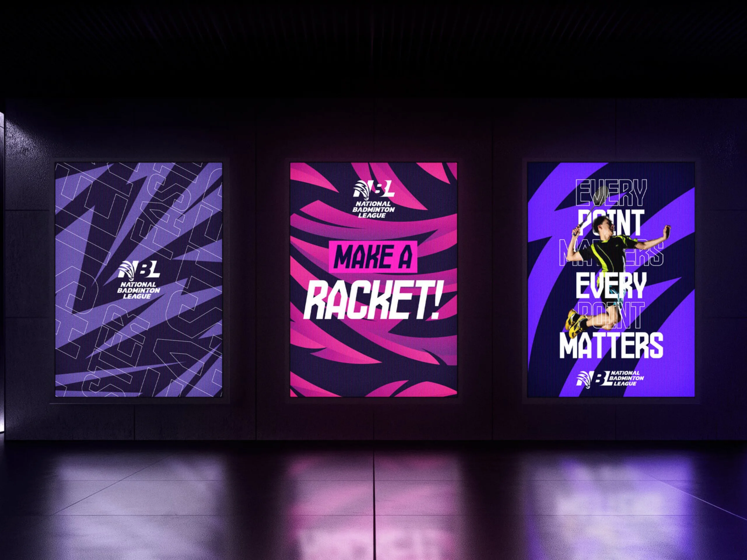 A mock-up of 3 branded National Badminton League (NBL) digital screens, the left one includes the logo and patterns, the centre one includes the logo with a pink and blue pattern that says 'Make a racket', the right one has a badminton player jumping to hit a shot and the text 'every point matters'.