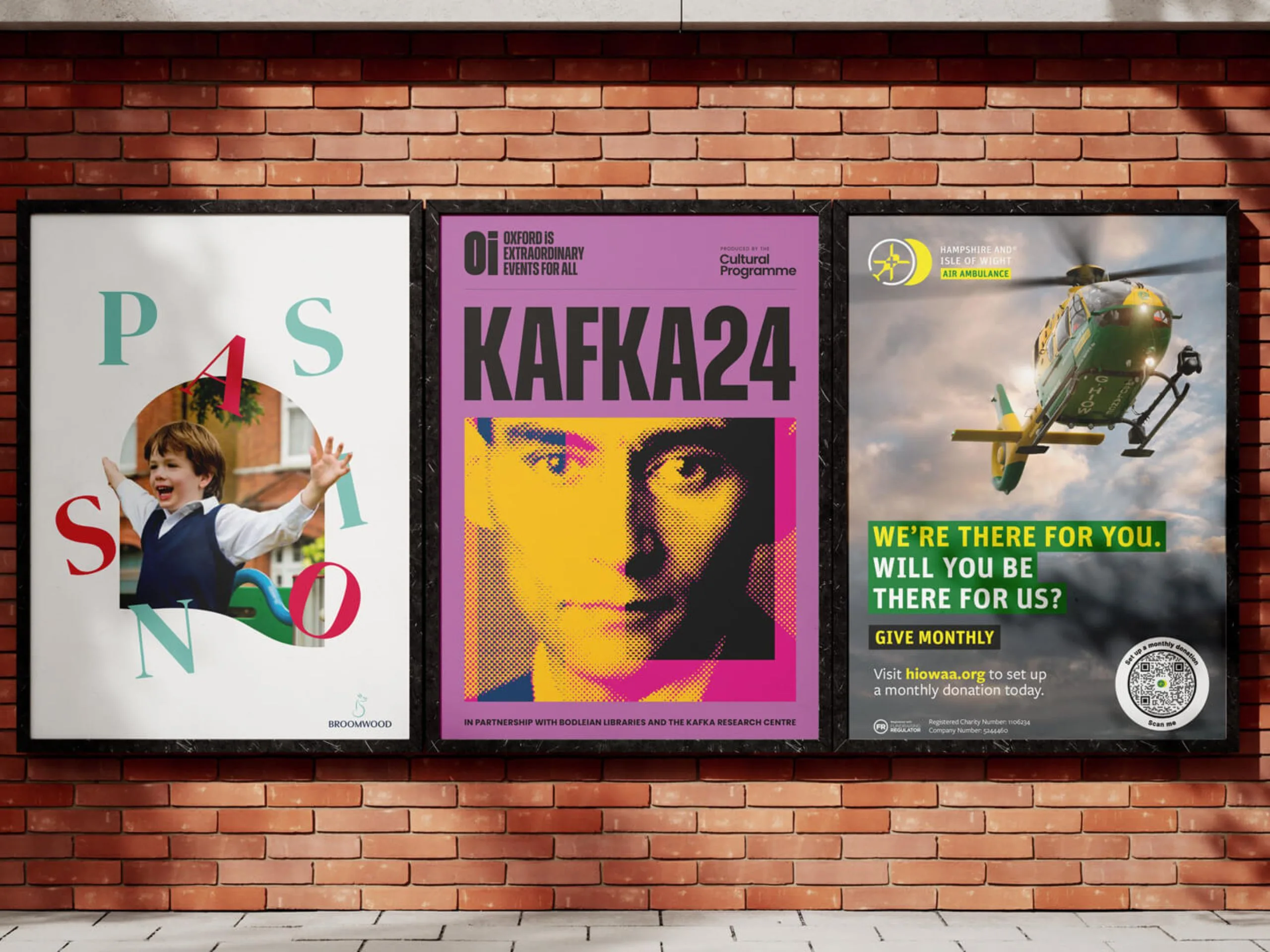 Series of campaign posters for Broomwood school, Kafka event and Hampshire & Isle of Wight Air Ambulance fundraising campaign