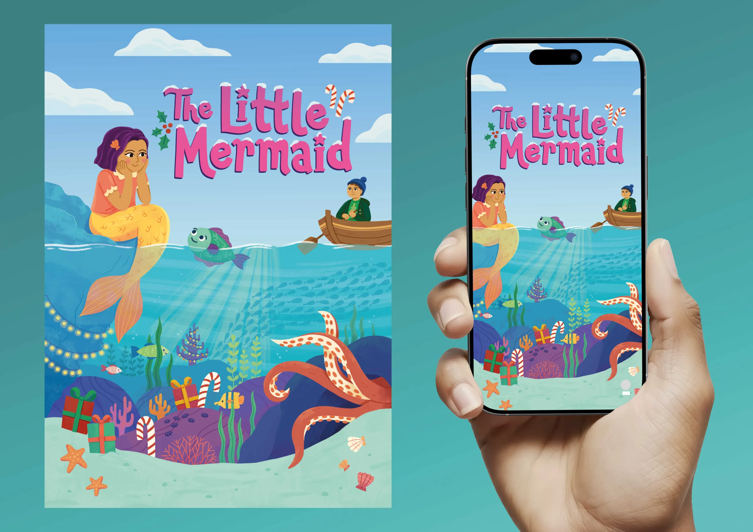 J151329 - Hull Truck Title treatments case study6_compressed A mock-up showing 'The Little Mermaid' title treatment on a poster and a mobile phone.